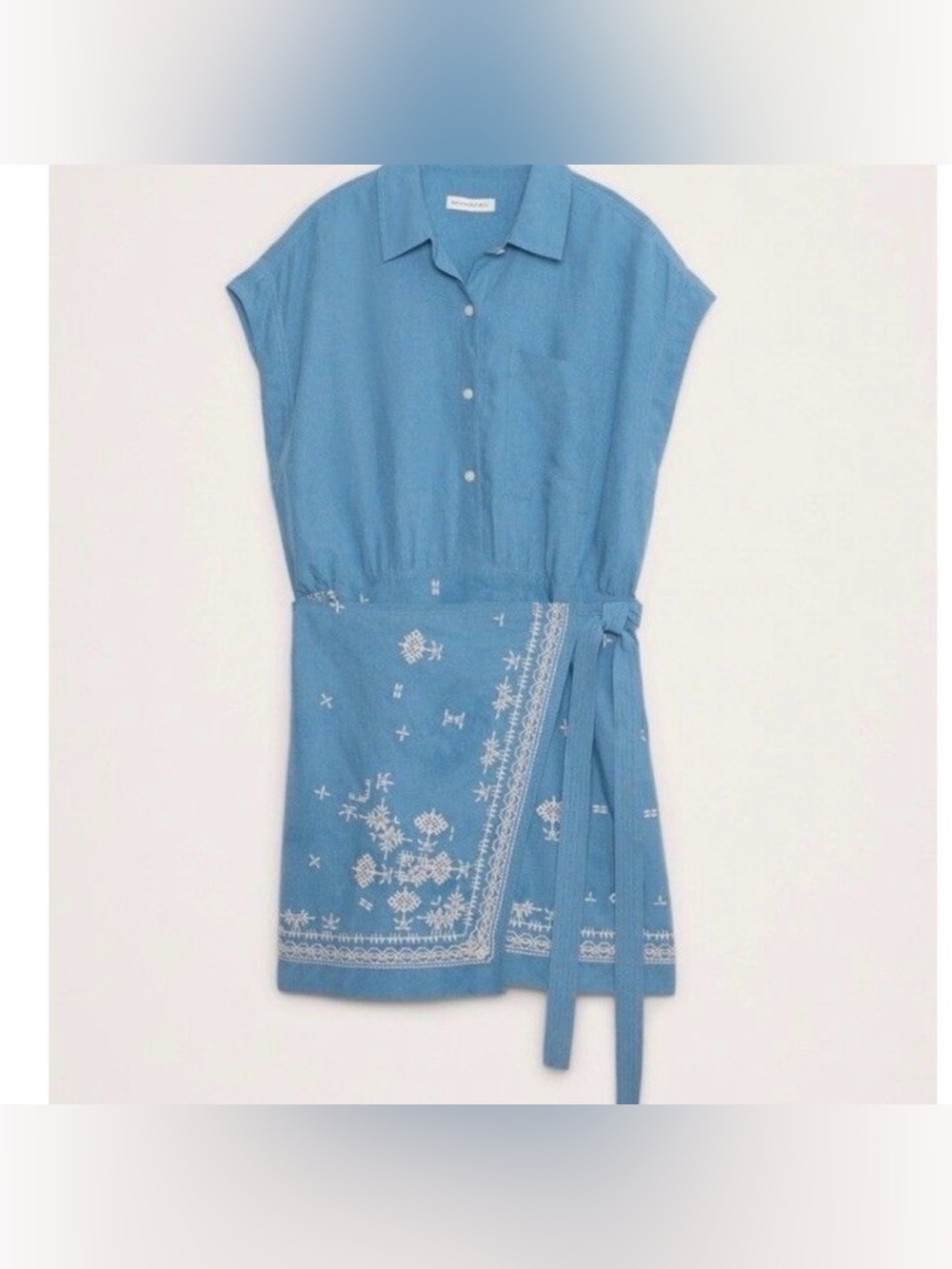 Banana Republic Embroidered Tencel Linen Blue Wrap Dress Size small RT$200